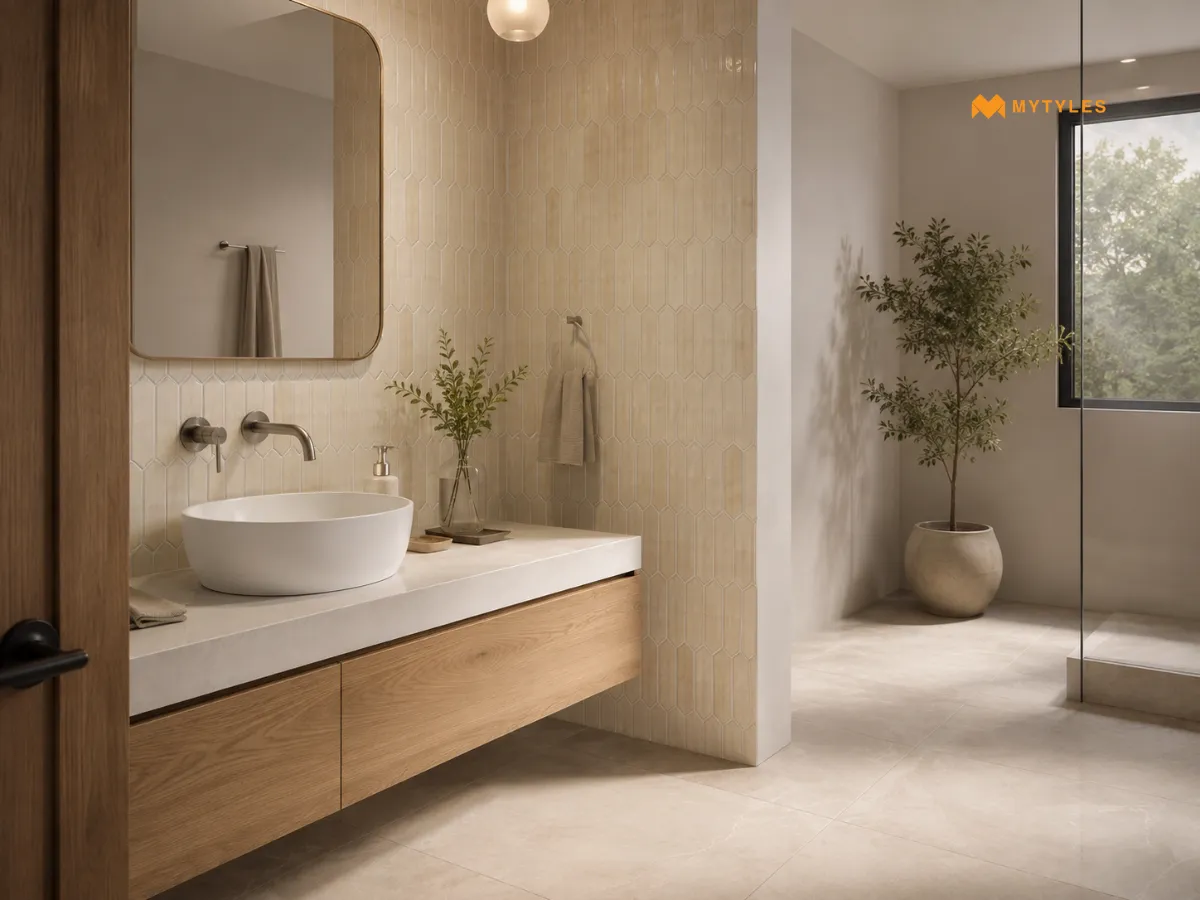 Matt Beige Picket Tiles for a Minimal Bathroom